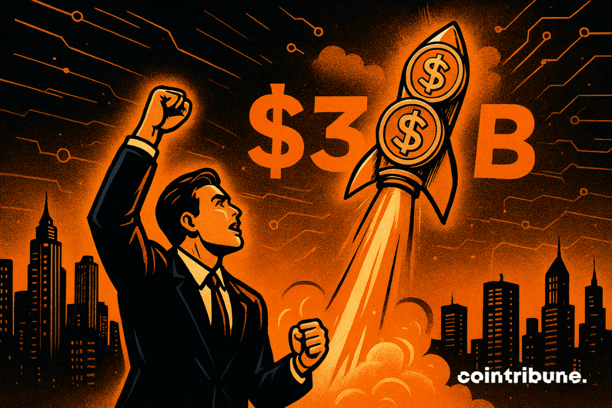 A businessman in a suit raises his fist toward a rocket made of dollar coins soaring above a city skyline, glowing in orange and black comic-book style.