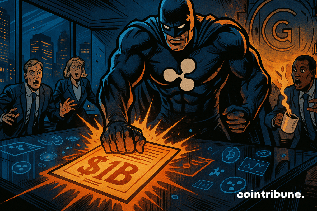 Le super-héros de Ripple critique un accord d'un milliard de dollars sur la table tandis que les dirigeants choqués réagissent dans une salle de conseil de la ville.