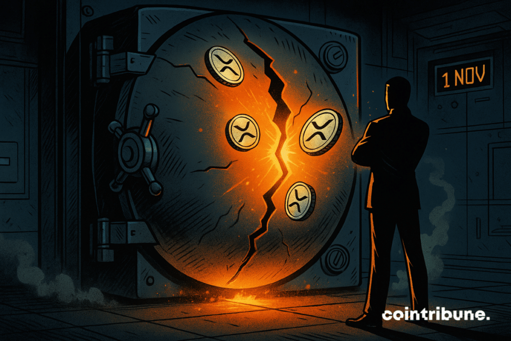 A massive metallic vault stands in a dark room. It’s bulging from the inside, as if it’s about to explode. A diagonal crack cuts across the door, already releasing a few glowing XRP tokens and a bright orange light. A trader stands, watching the scene.