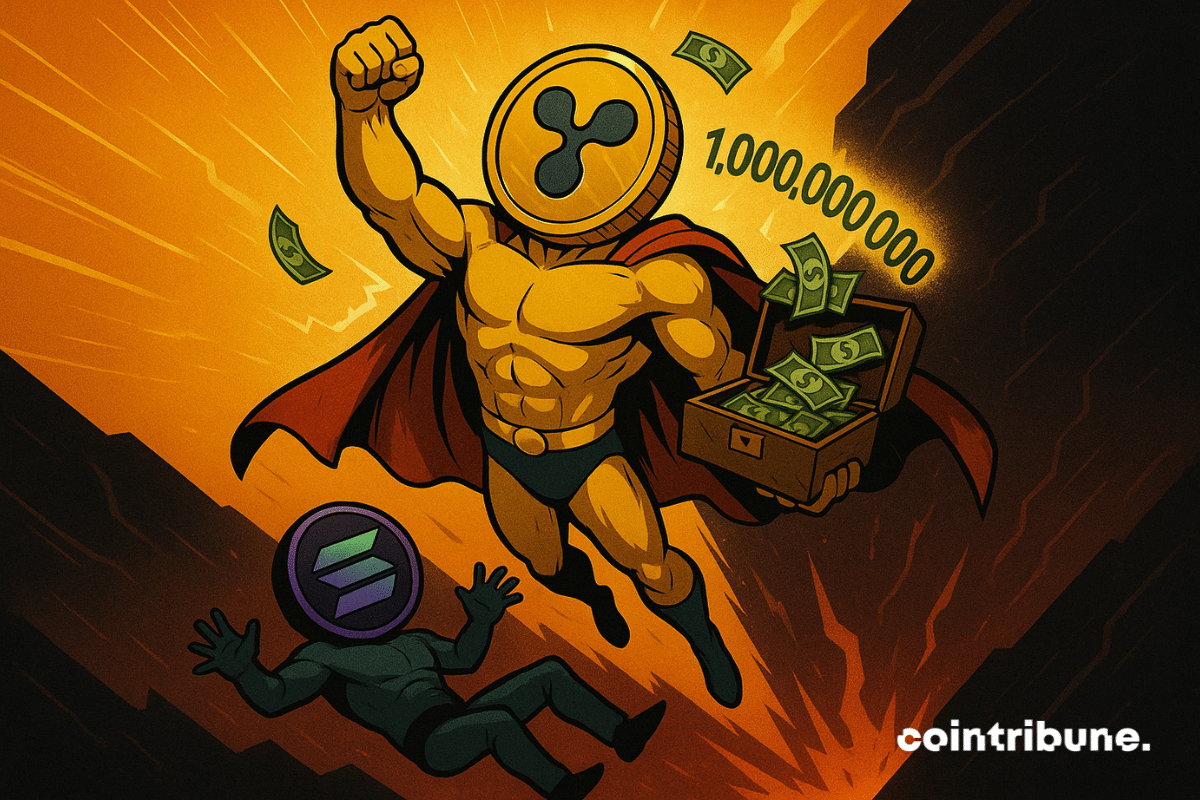 Un super-héros Ripple s’envole triomphalement avec 1 Md$, tandis que Solana chute dans un gouffre en flammes.