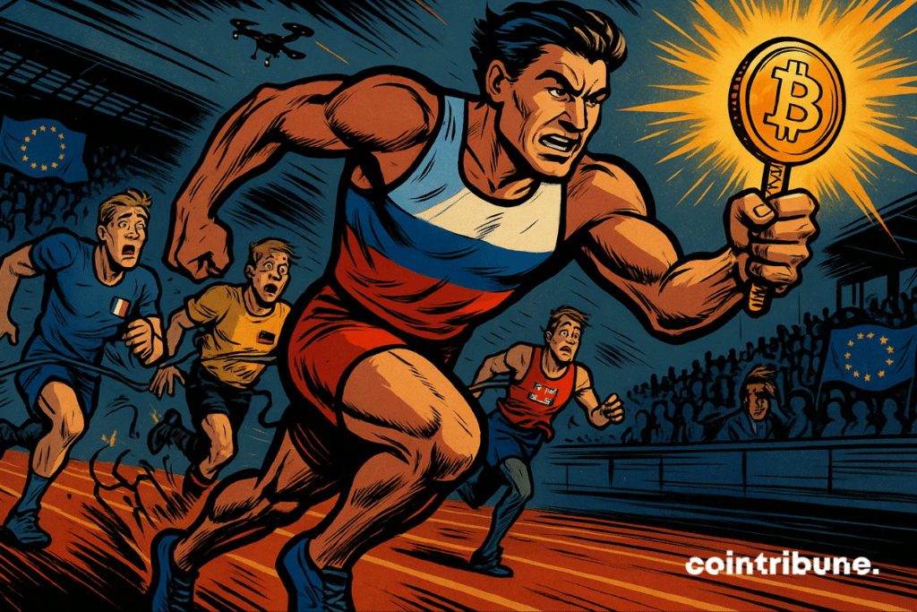 Russian sprinter leads crypto race with glowing Bitcoin baton, EU rivals struggle behind.