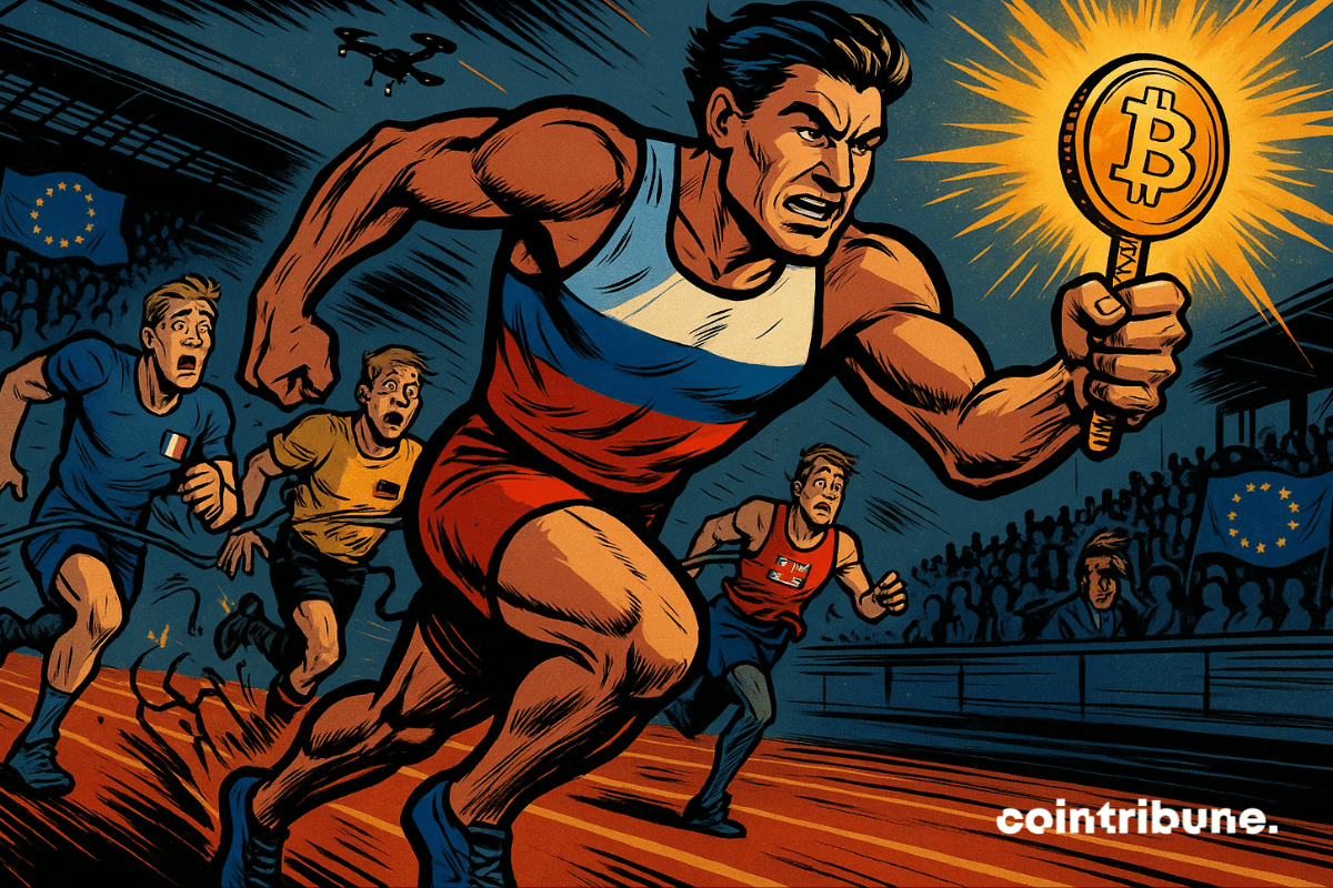 Russian sprinter leads crypto race with glowing Bitcoin baton, EU rivals struggle behind.
