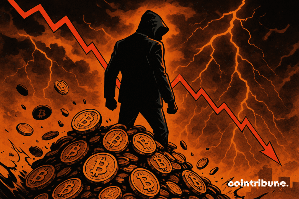 Silhouette encapuchonnée dominant une montagne de bitcoins, ciel orageux orange, éclairs et courbe rouge symbolisant la chute dramatique.