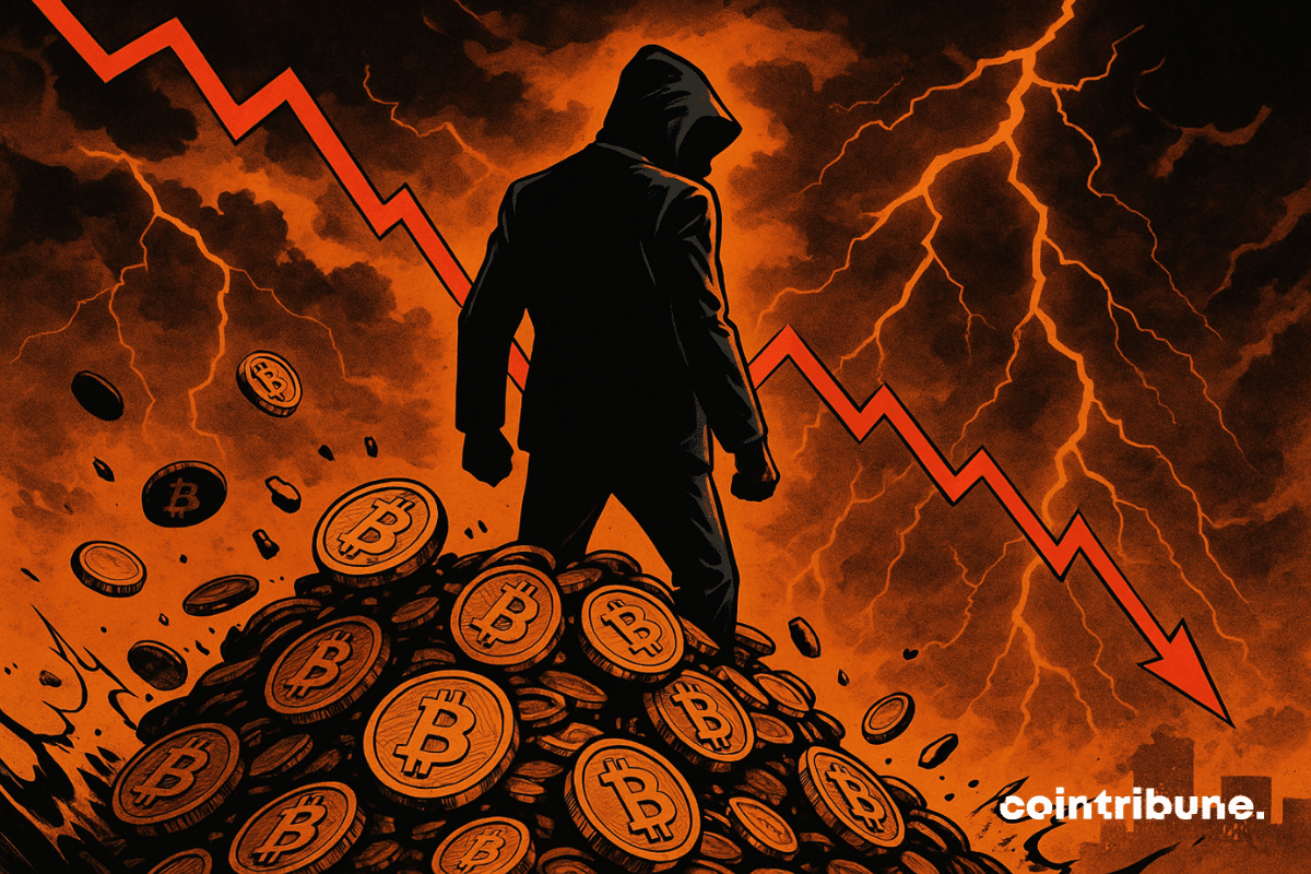 Silhouette encapuchonnée dominant une montagne de bitcoins, ciel orageux orange, éclairs et courbe rouge symbolisant la chute dramatique.