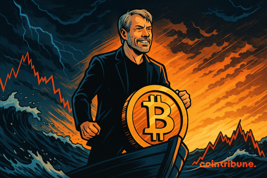 Michael Saylor, déterminé, dirige un navire Bitcoin à travers une tempête financière, éclairé par un horizon orange et dramatique.