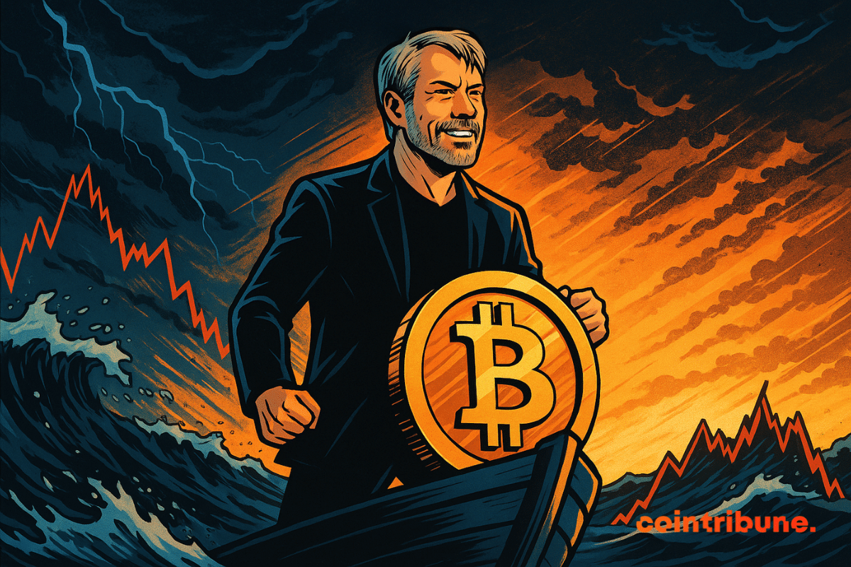 Michael Saylor, déterminé, dirige un navire Bitcoin à travers une tempête financière, éclairé par un horizon orange et dramatique.
