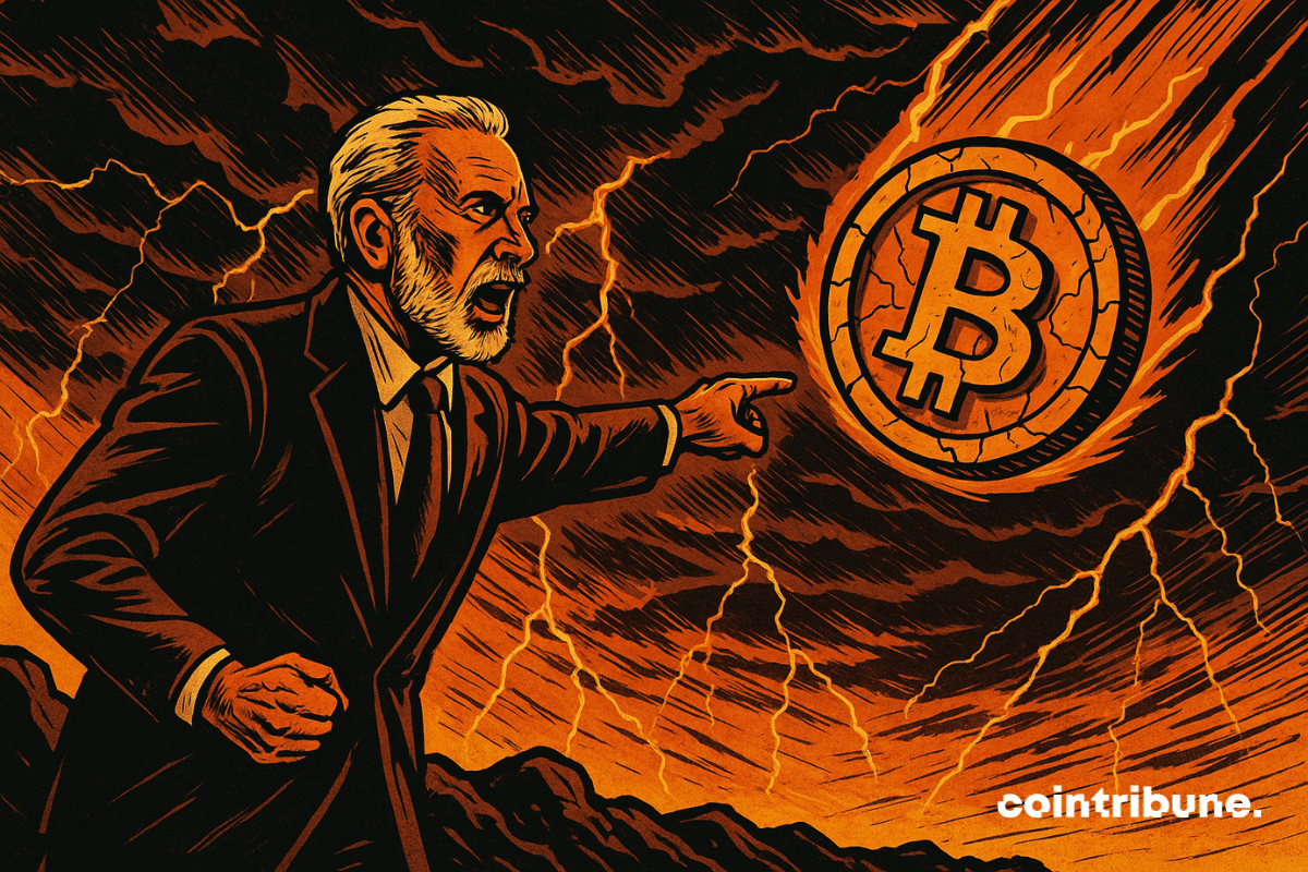 Un homme barbu en colère pointe un Bitcoin en flammes tombant du ciel orageux, éclairé d’éclairs orange et dorés.
