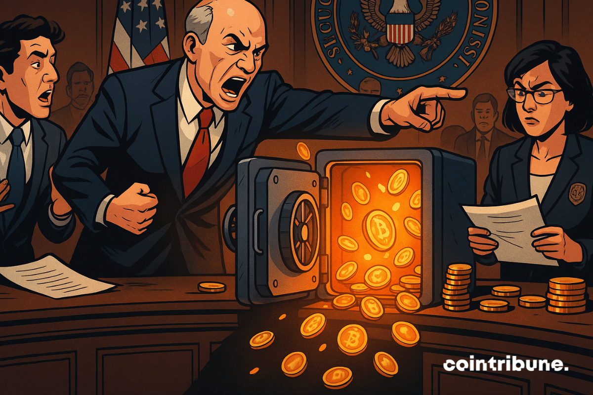 SEC commissioners clash as glowing crypto coins spill from a vault during heated debate.