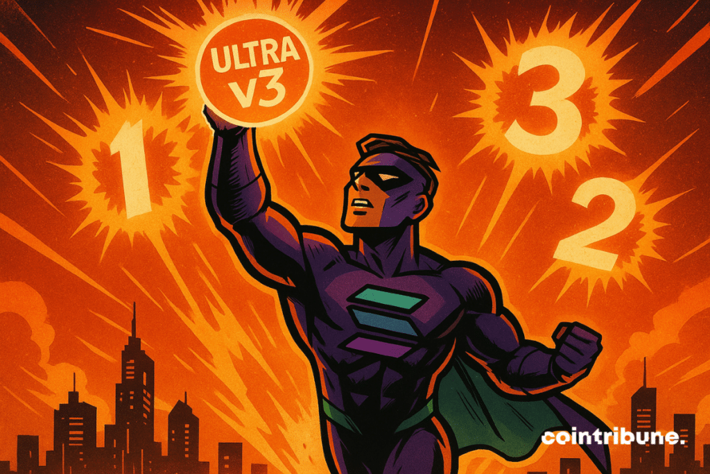 Un super-héros Solana s’élève dans un ciel enflammé, brandissant Ultra v3, entouré de trois éclats lumineux symbolisant des records.