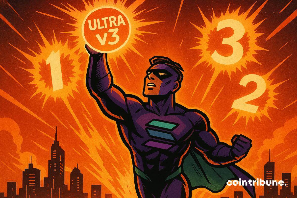 A Solana superhero rises into a fiery sky, wielding Ultra v3, surrounded by three flashes of light symbolizing record breaking.
