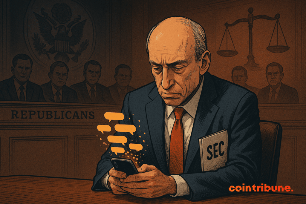 Gary Gensler, en costume sombre, regarde son téléphone avec anxiété alors que des bulles de SMS s’effacent, sous les regards sévères de silhouettes républicaines en arrière-plan.