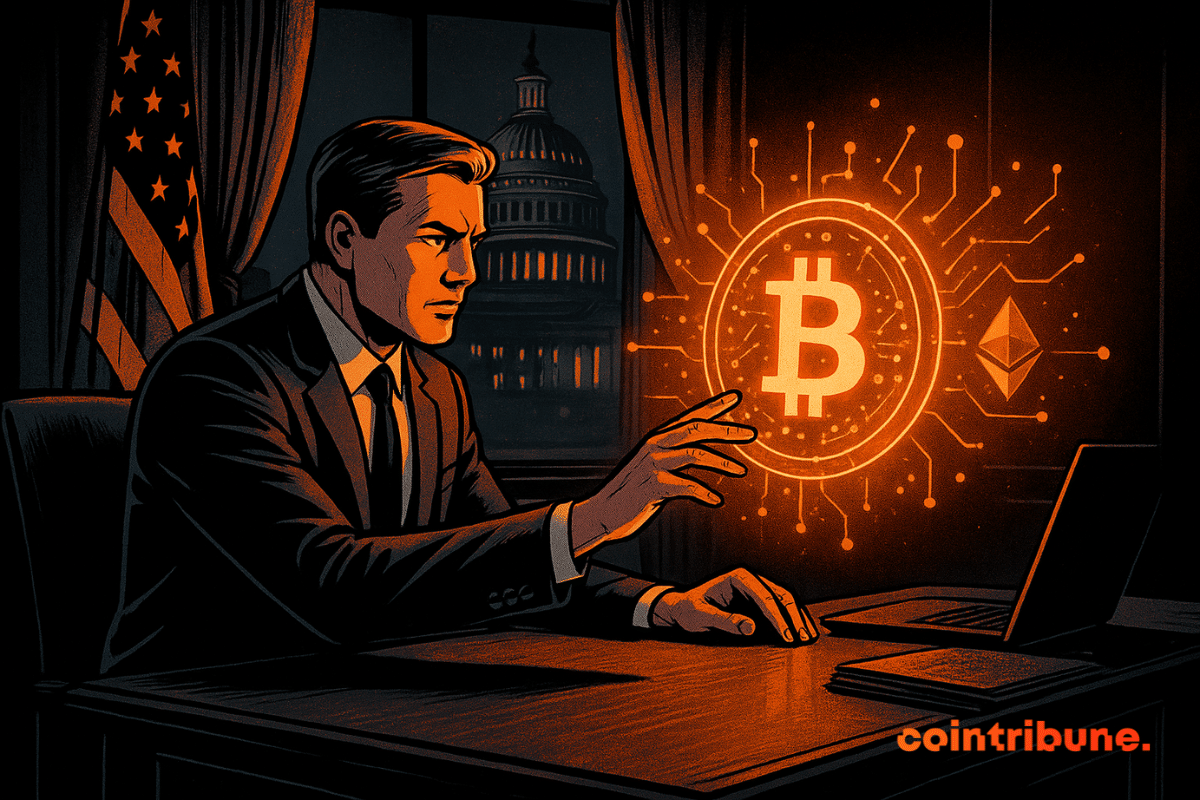 Un homme en costume est assis à un bureau faiblement éclairé, la nuit, et interagit avec un symbole holographique orange représentant le Bitcoin, tandis que le Capitole américain est visible à travers la fenêtre.