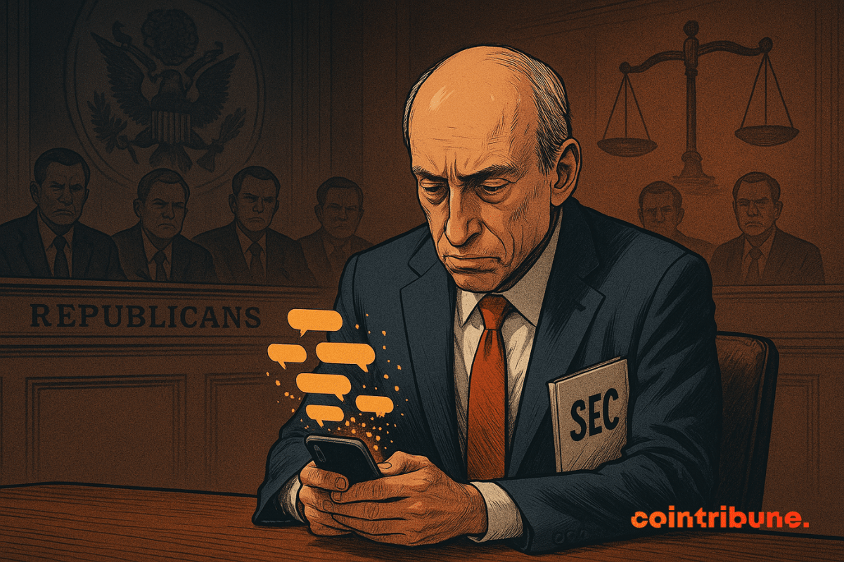 Ex-président de la SEC, en costume sombre, regarde son téléphone avec anxiété alors que des bulles de SMS s’effacent, sous les regards sévères de silhouettes républicaines en arrière-plan.