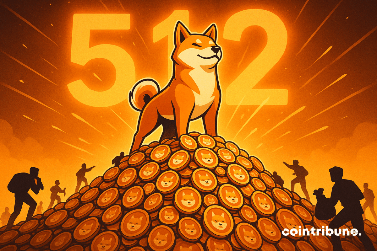 Um Shiba Inu triunfante está no topo de uma montanha brilhante de moedas Shiba, enquanto os investidores sobem em direção a ele sob um céu laranja radiante, com o número 512 brilhando ao fundo.