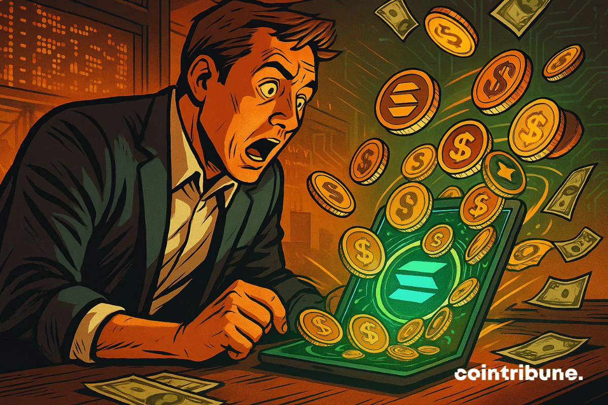Comerciante chocado observa moedas Solana e stablecoins explodirem de um tablet brilhante no escritório.