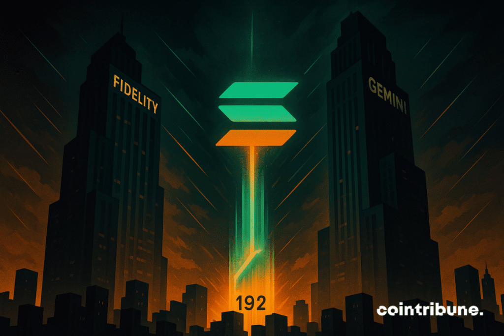 Un logotipo brillante de Solana, compuesto de luces verdes y naranjas, se eleva entre dos altos rascacielos llamados Fidelity y Gemini bajo un espectacular cielo nocturno.