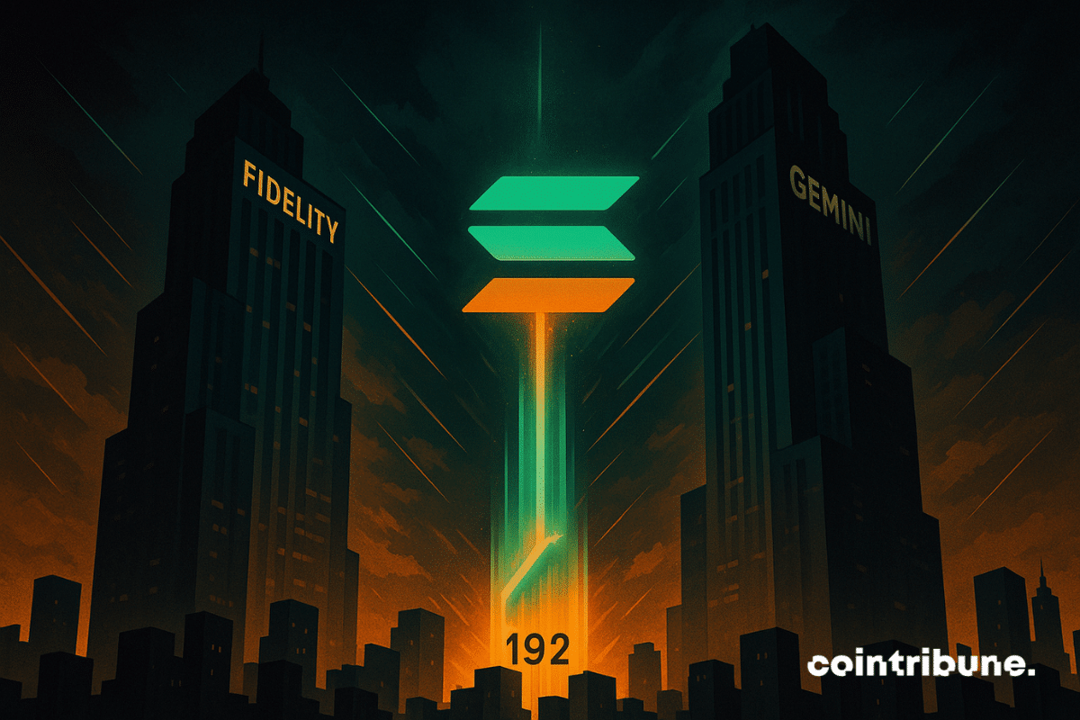 Un logo Solana lumineux composé de lumière verte et orange s'élève entre deux hauts gratte-ciel étiquetés Fidelity et Gemini sous un ciel nocturne spectaculaire.
