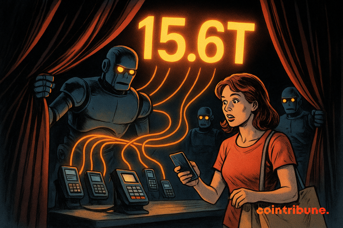 A woman at a checkout looks shocked as glowing orange cables from hidden robots connect to payment machines, with “15.6T” glowing above.