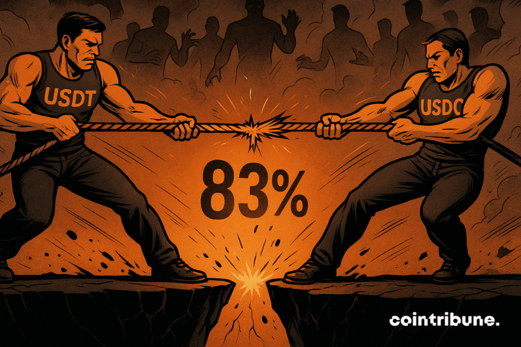 Comic-style tug-of-war between stablecoins USDT and USDC over fraying rope marked "83%"