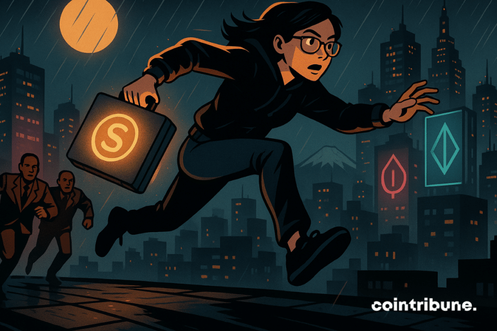 Poursuite sur les toits de Tokyo alors qu'un codeur s'enfuit avec un boîtier de stablecoin lumineux sous la pluie.