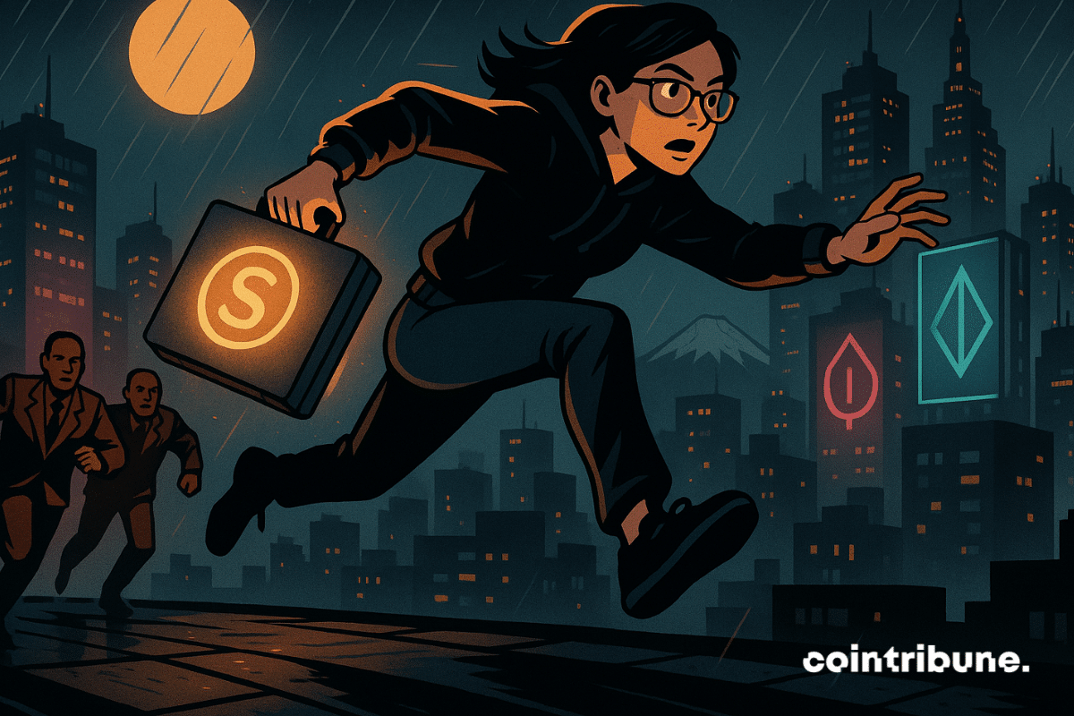 Poursuite sur les toits de Tokyo alors qu'un codeur s'enfuit avec un boîtier de stablecoin lumineux sous la pluie.