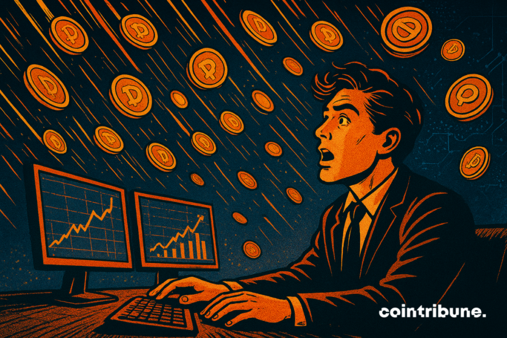 A surprised trader sits before glowing monitors as a storm of orange digital coins rains down in a retro 1970s comic book style.