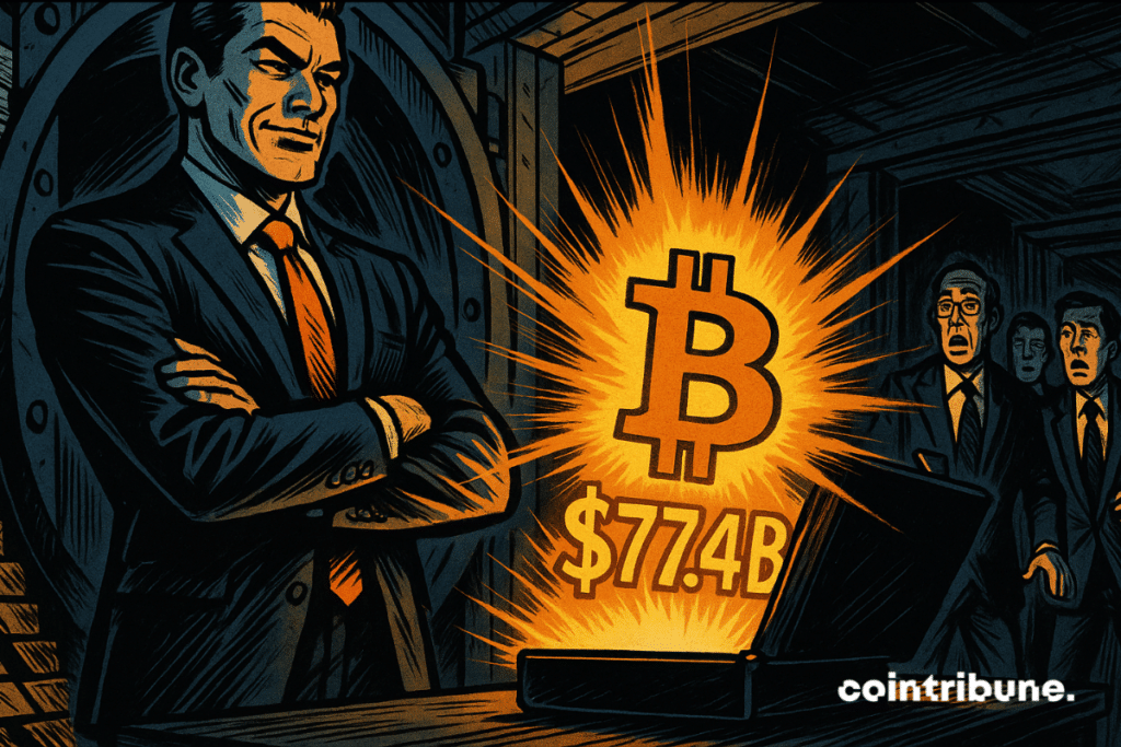 Confident businessman with glowing Bitcoin in vault, startled bankers in the background.