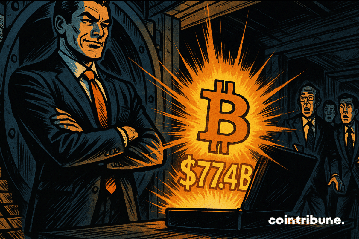 Confident businessman with glowing Bitcoin in vault, startled bankers in the background.
