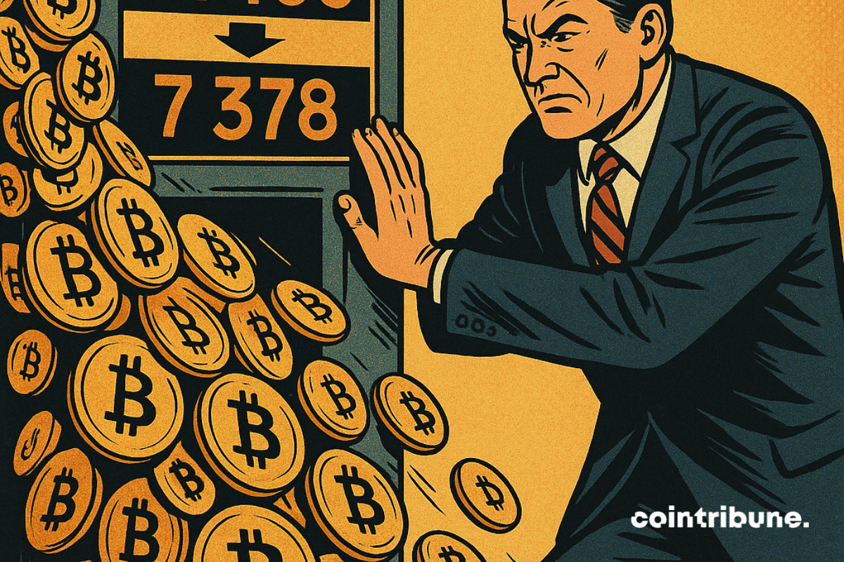 A businessman in a suit tries to stop an avalanche of bitcoins from pouring out of a machine displaying 31466 → 7378.