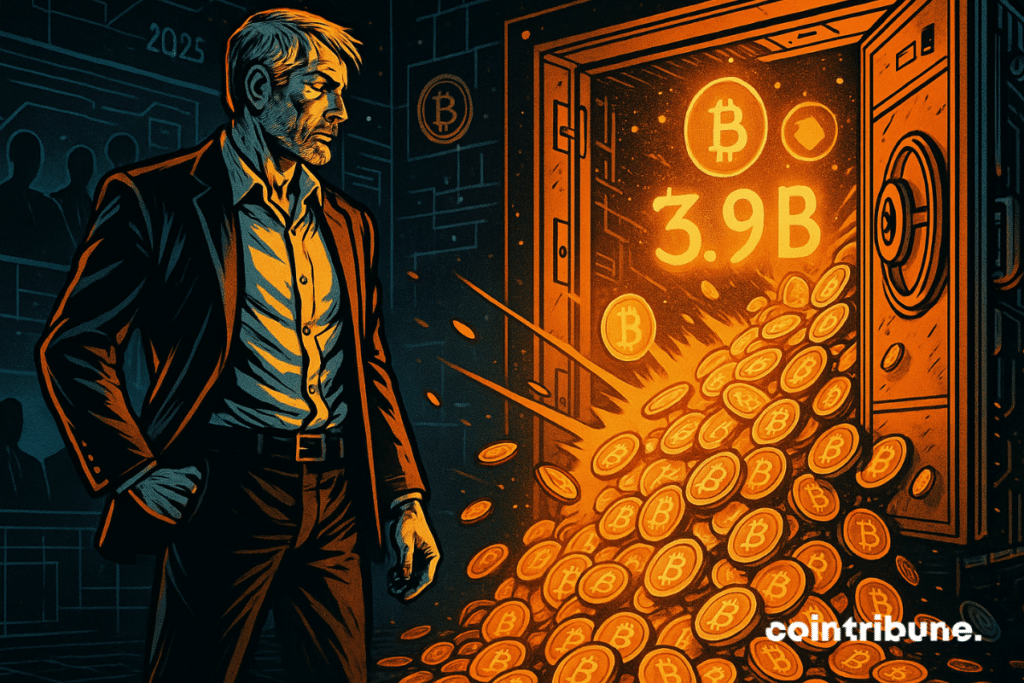 Man faces Bitcoin vault showing .9B gain, symbolizing Strategy’s bold move.