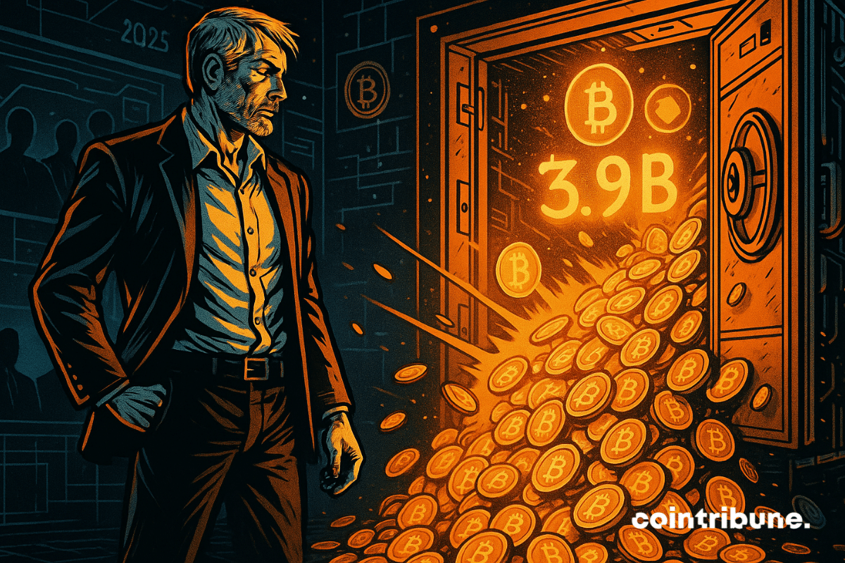 Man faces Bitcoin vault showing .9B gain, symbolizing Strategy’s bold move.