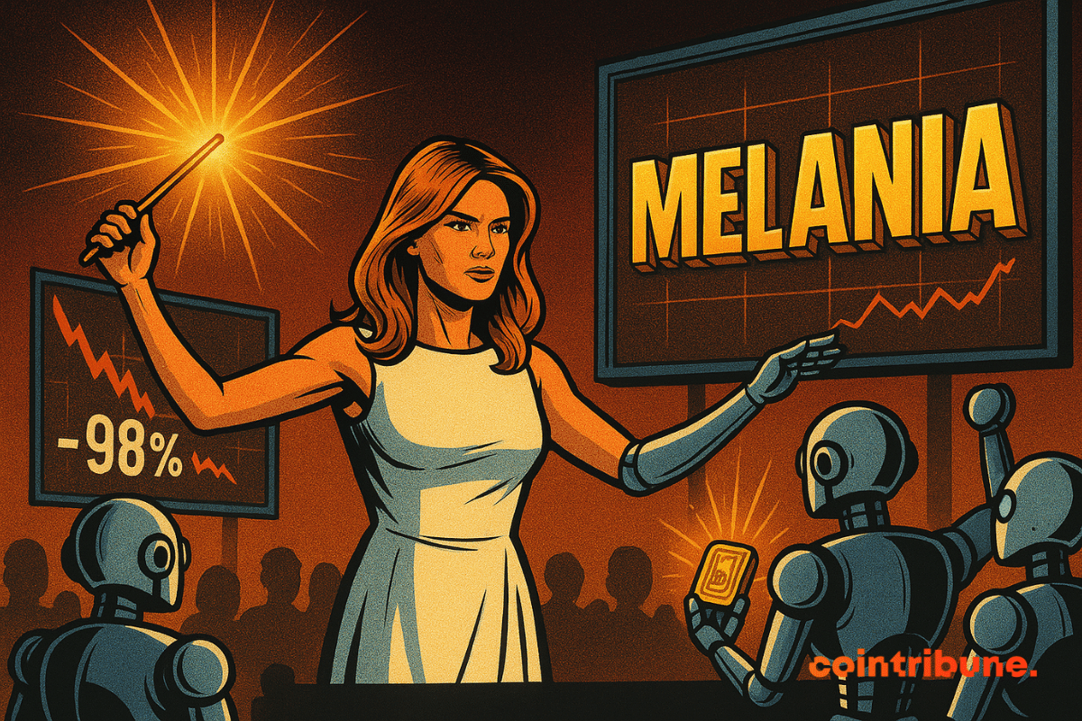 Melania Trump, en chef d’orchestre déterminée, dirige des robots devant des écrans crypto affichant chute dramatique et relance prometteuse.