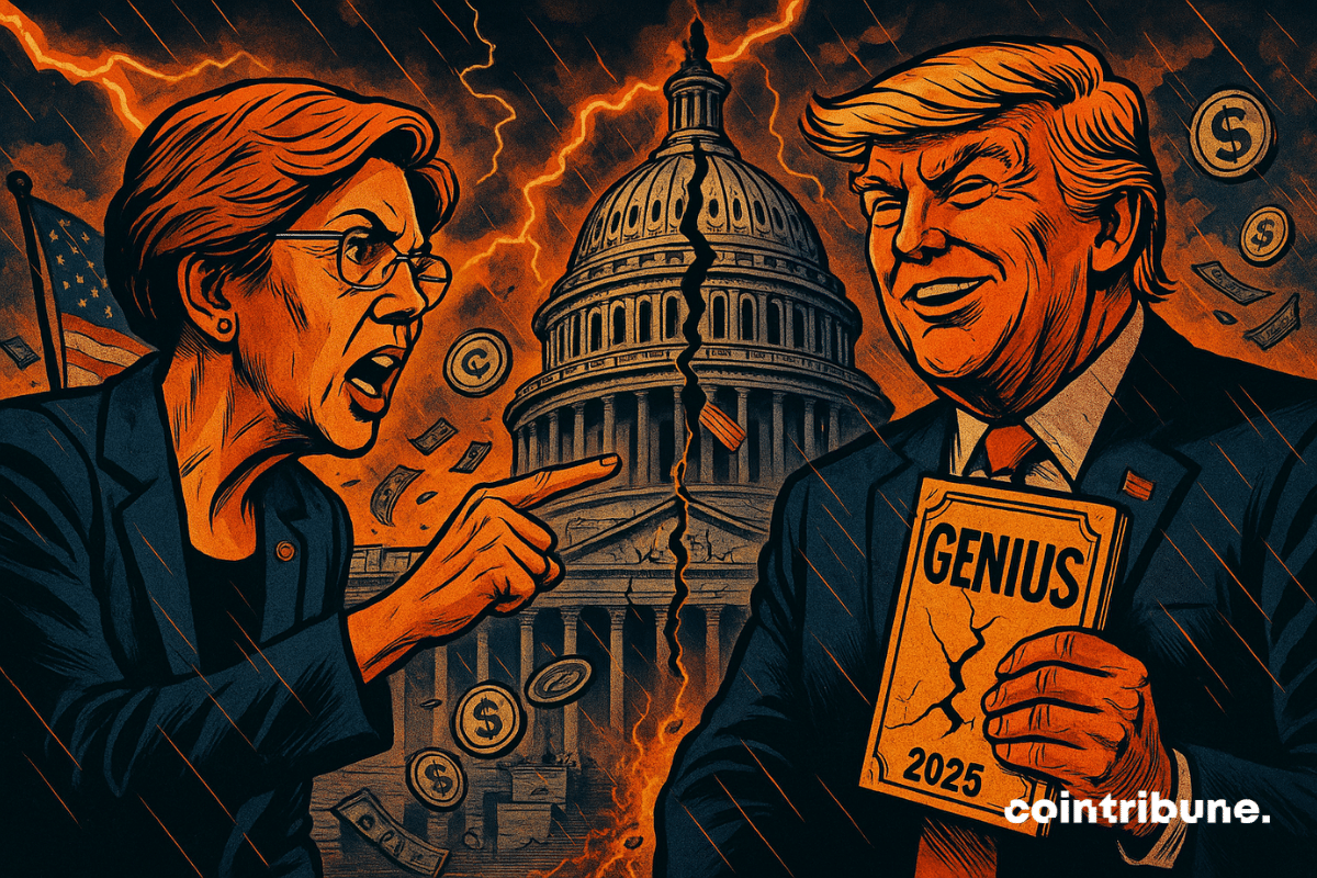 Elizabeth Warren accuse Trump devant un Capitole fissuré, tempête orangée, billets envolés, tension politique et crise économique imminente.