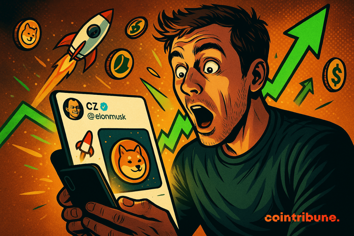 A stunned trader discovers an explosive tweet on his smartphone, surrounded by rockets, memes, and green upward charts.