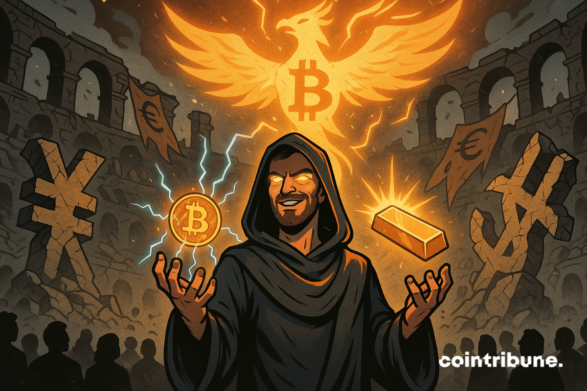 Crypto trader holds Bitcoin and gold as fiat currencies collapse in a ruined coliseum.
