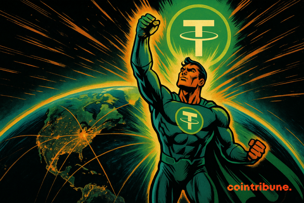 A superhero figure symbolizing Tether stands before Earth, raising his fist as green and orange energy bursts radiate around a glowing Tether logo.