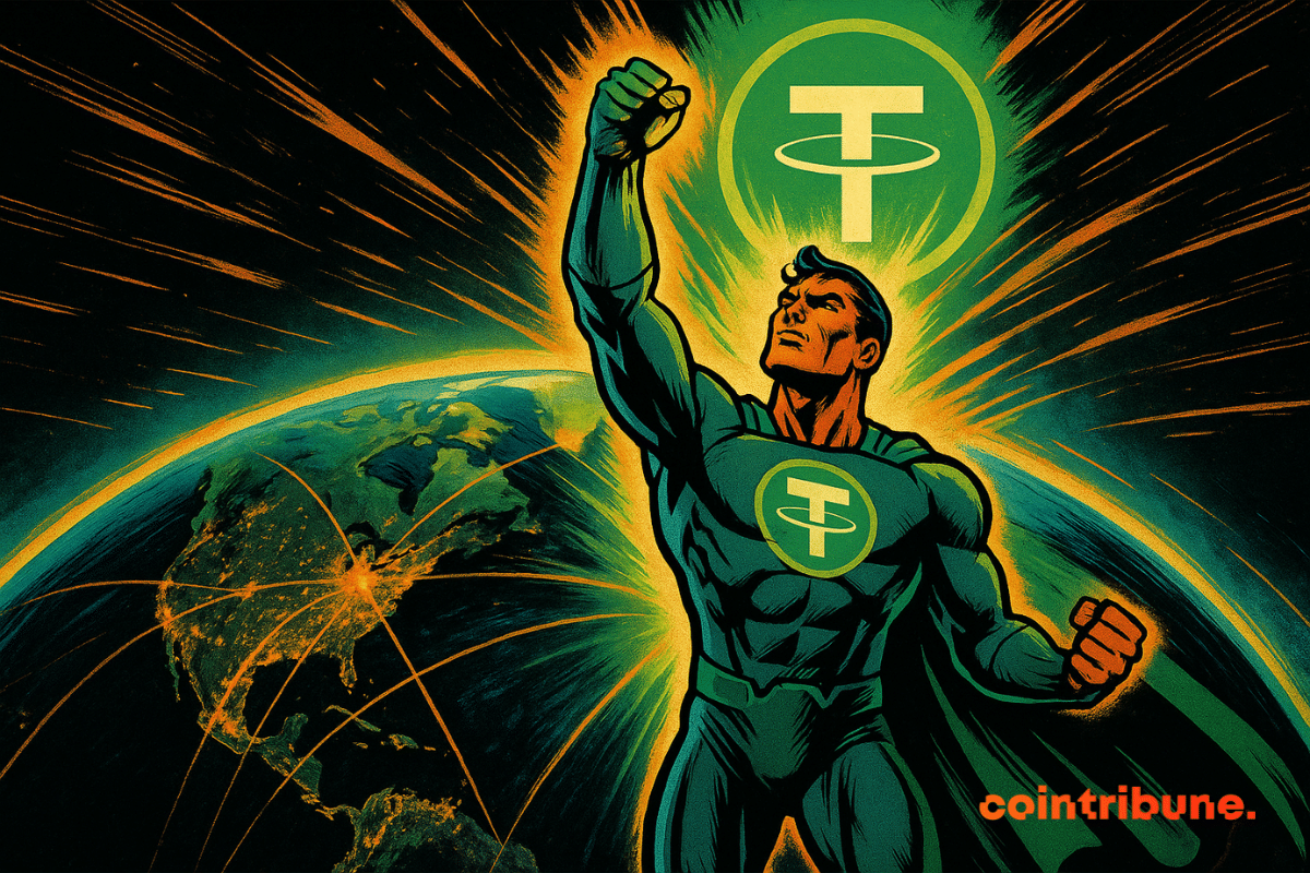 A superhero figure symbolizing Tether stands before Earth, raising his fist as green and orange energy bursts radiate around a glowing Tether logo.