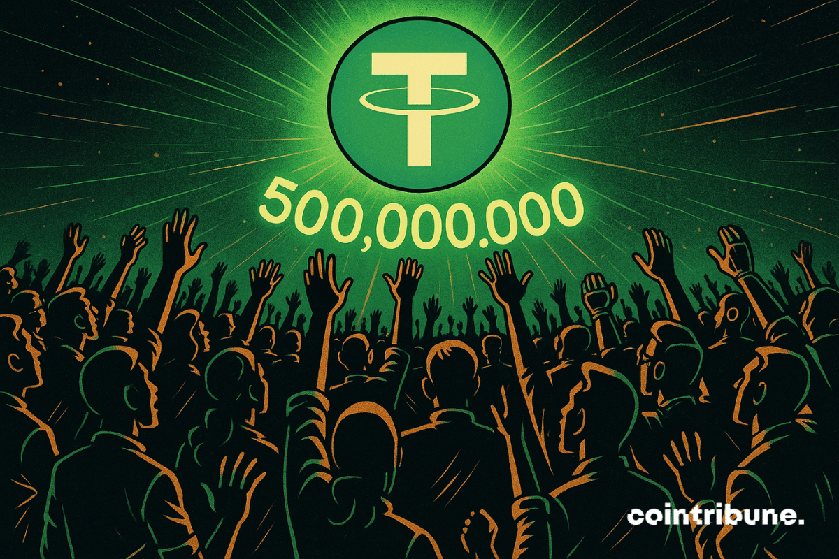 Au-dessus d’une foule immense, en lévitation, un logo Tether géant émet une lumière verte intense. Il est stylisé comme un soleil numérique, irradiant des rayons énergétiques, représentant l’attraction du stablecoin.