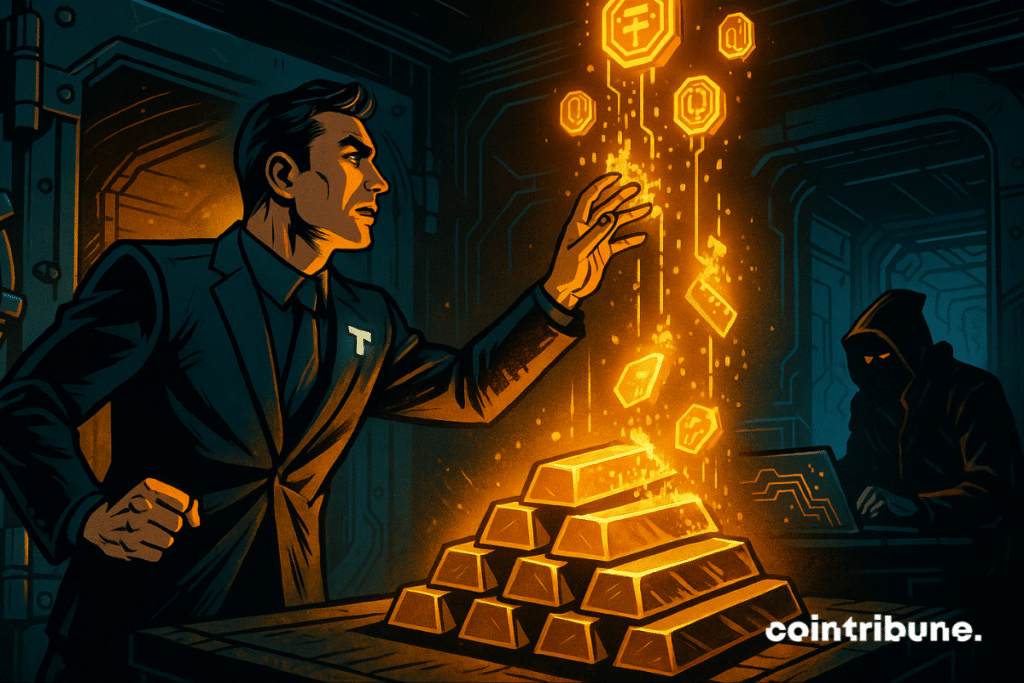 Tether agent in vault reaches for gold transforming into crypto tokens, with Antalpha in background.