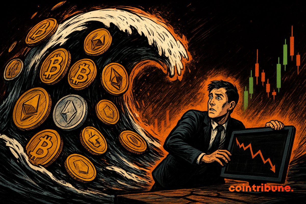 A worried trader clings to a market screen as a massive wave of glowing crypto coins crashes toward him in a vintage comic-book style.
