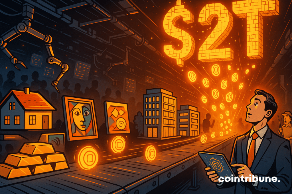 Un investisseur observe la tokenisation d'actifs réels sur un tapis roulant futuriste d'une lueur orange.