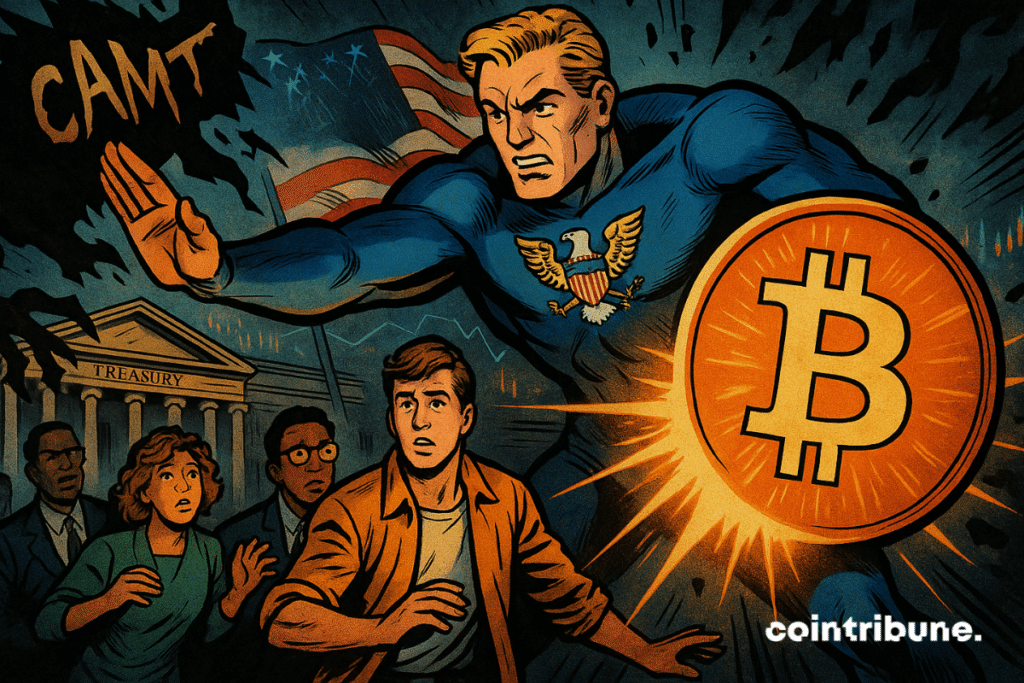 Treasury superhero shields investors with Bitcoin shield from CAMT shadows at night.