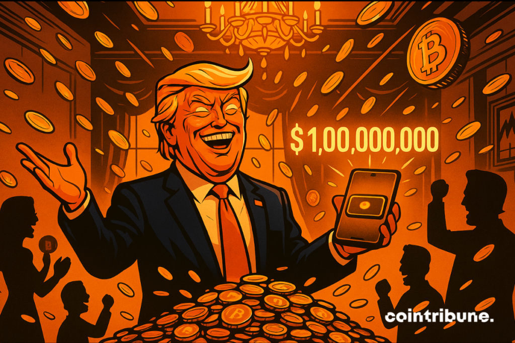 Trump laughs atop gold as crypto rains down, holding a B digital wallet.