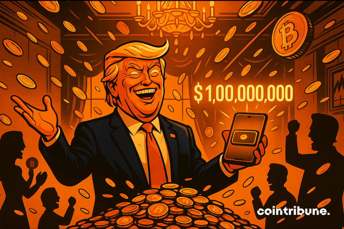 Trump se ríe encima de oro mientras llueven criptomonedas, sosteniendo una billetera digital de 1.000 millones de dólares.