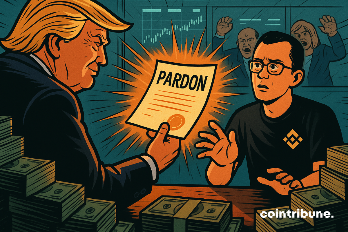 Trump hands glowing pardon to CZ amid money stacks, senators watching angrily through glass.