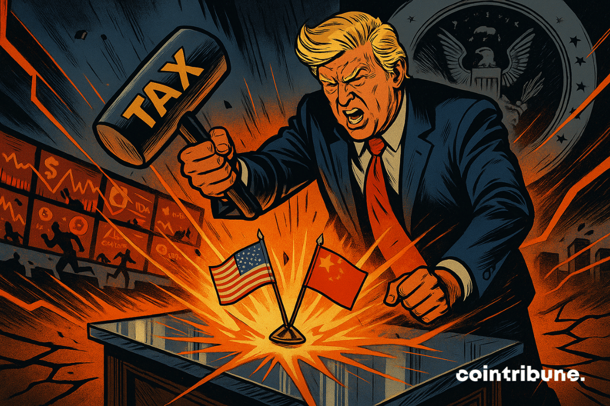 Trump brandit un marteau gravé « TAX », prêt à frapper une table en verre sur laquelle se trouvent les drapeaux des États-Unis et de la Chine.