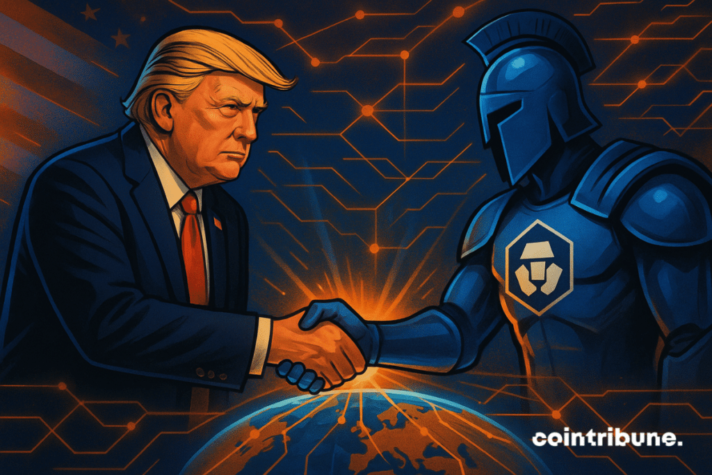 Donald Trump serre la main d'un gladiateur futuriste de Crypto.com au-dessus d'un globe numérique lumineux entouré de lignes de réseau orange et bleues.