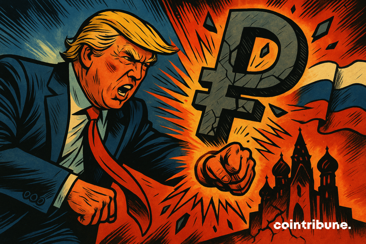 Donald Trump está en el centro izquierda, golpeando con todas sus fuerzas un enorme símbolo metálico «₽», que estalla con el impacto.