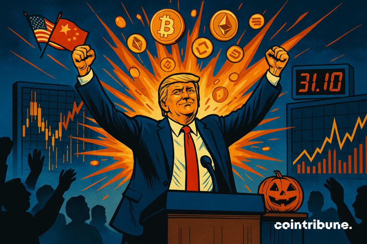 Donald Trump placé au centre, sur une estrade moderne, façon meeting crypto. Derrière lui, une explosion visuelle d’icônes de cryptos (BTC, ETH, SOL, etc.) monte en spirale vers le ciel.