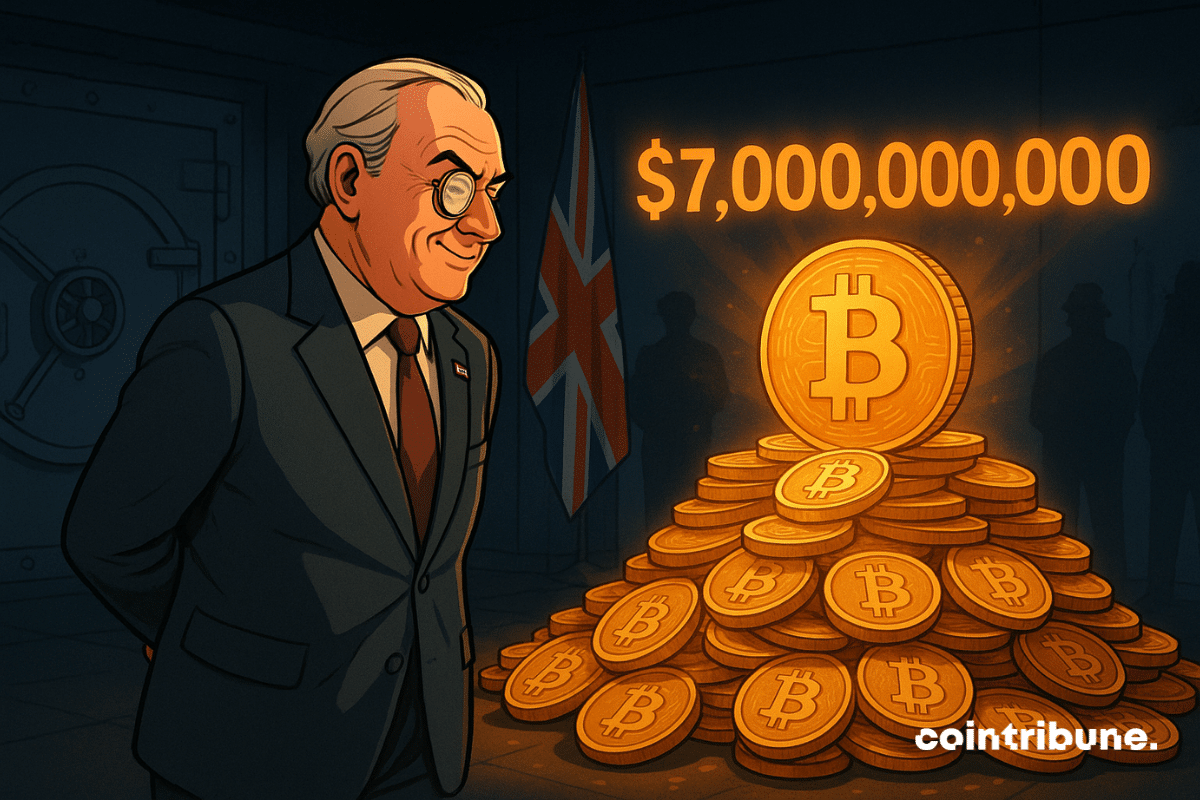 Un ministro británico mira con codicia una montaña de bitcoins de oro iluminados, con una bandera del Reino Unido de fondo.